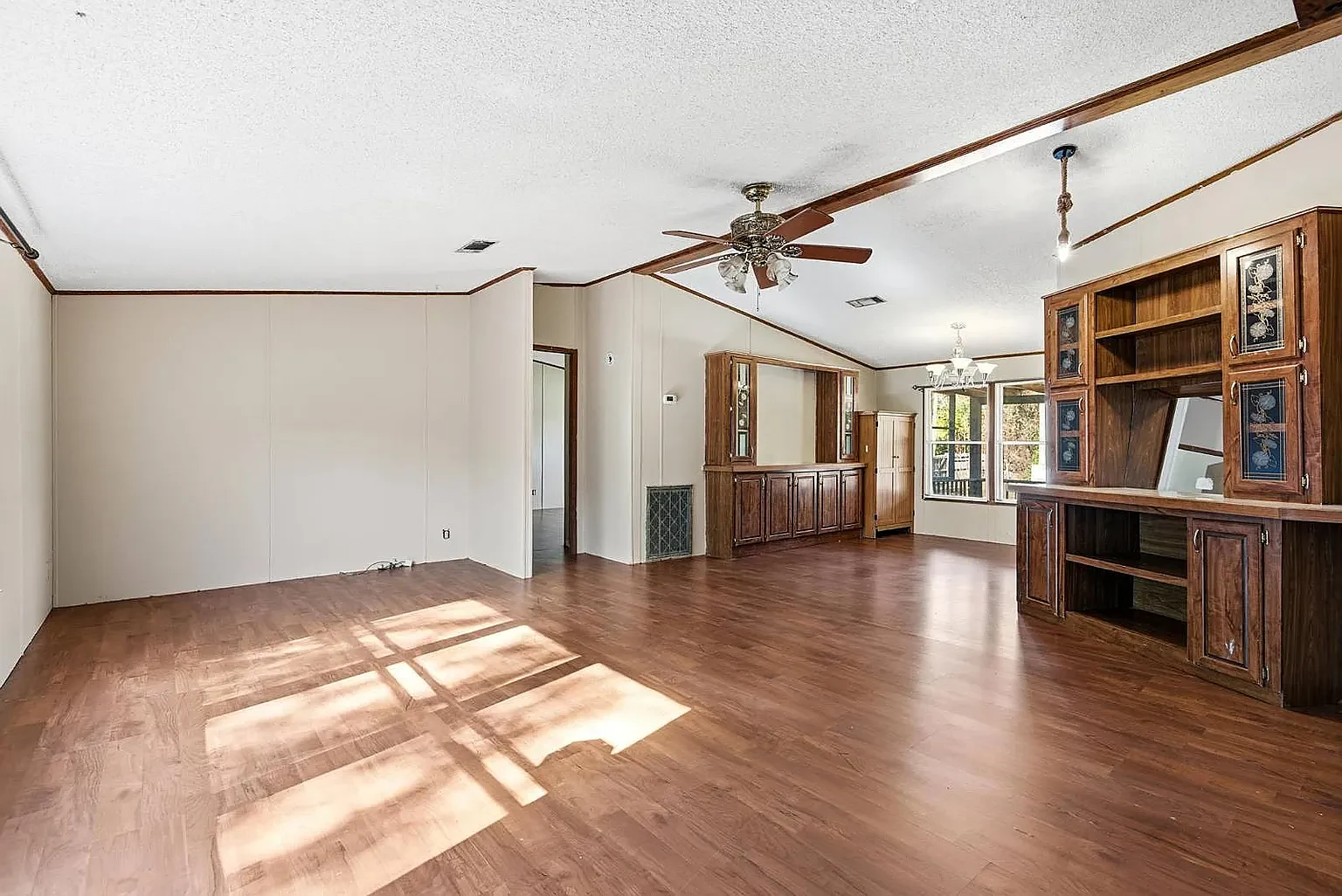 Family room with built-in shelving