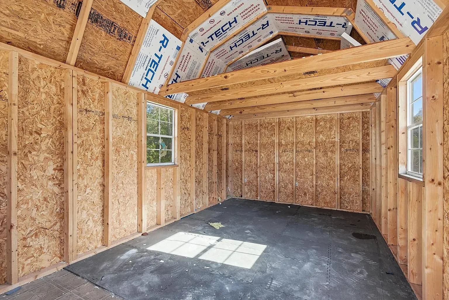 She-shed interior — framed, insulated, on slab